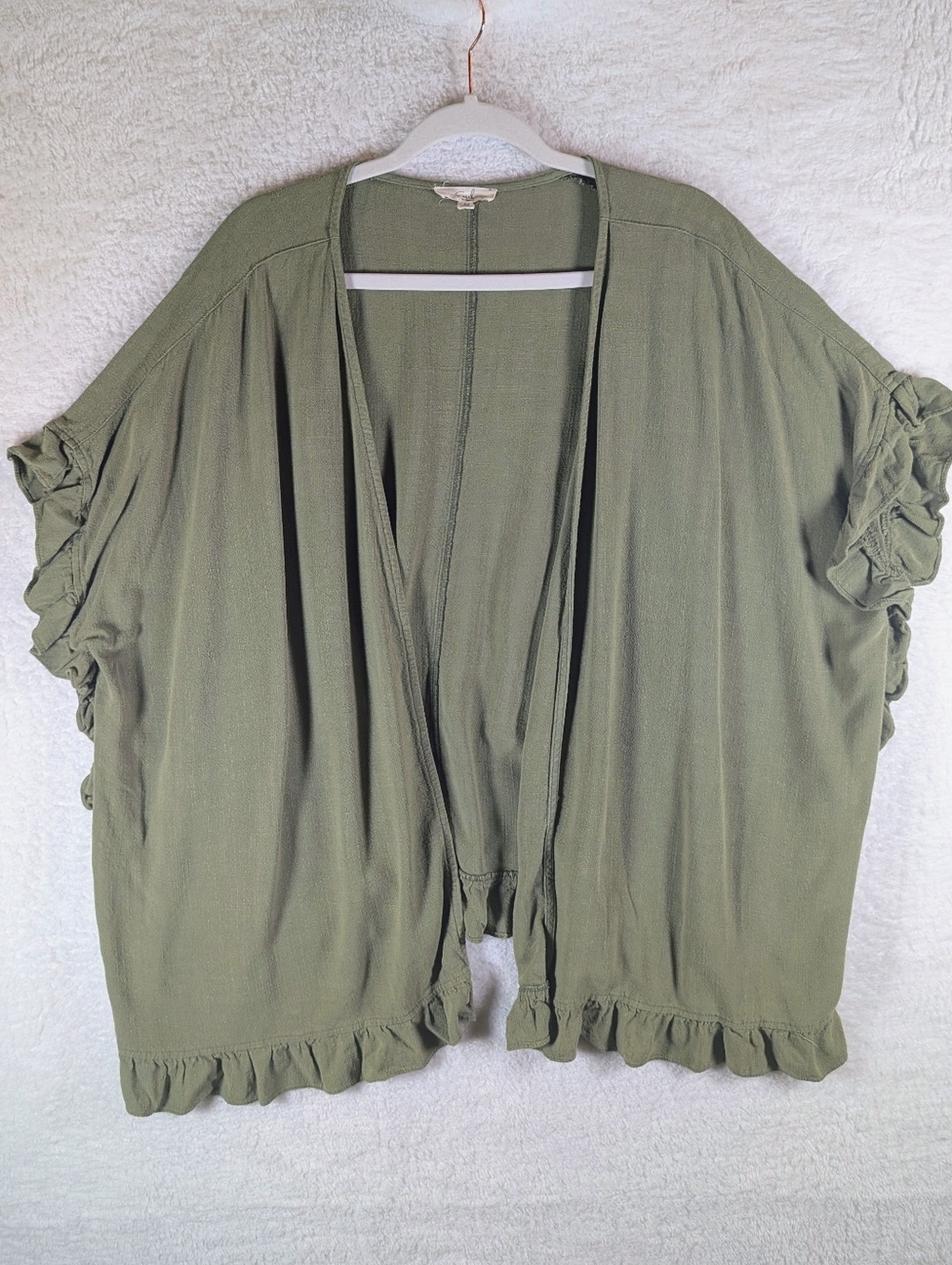 easel Olive Green Ruffle-Hem Open Cardigan One Size